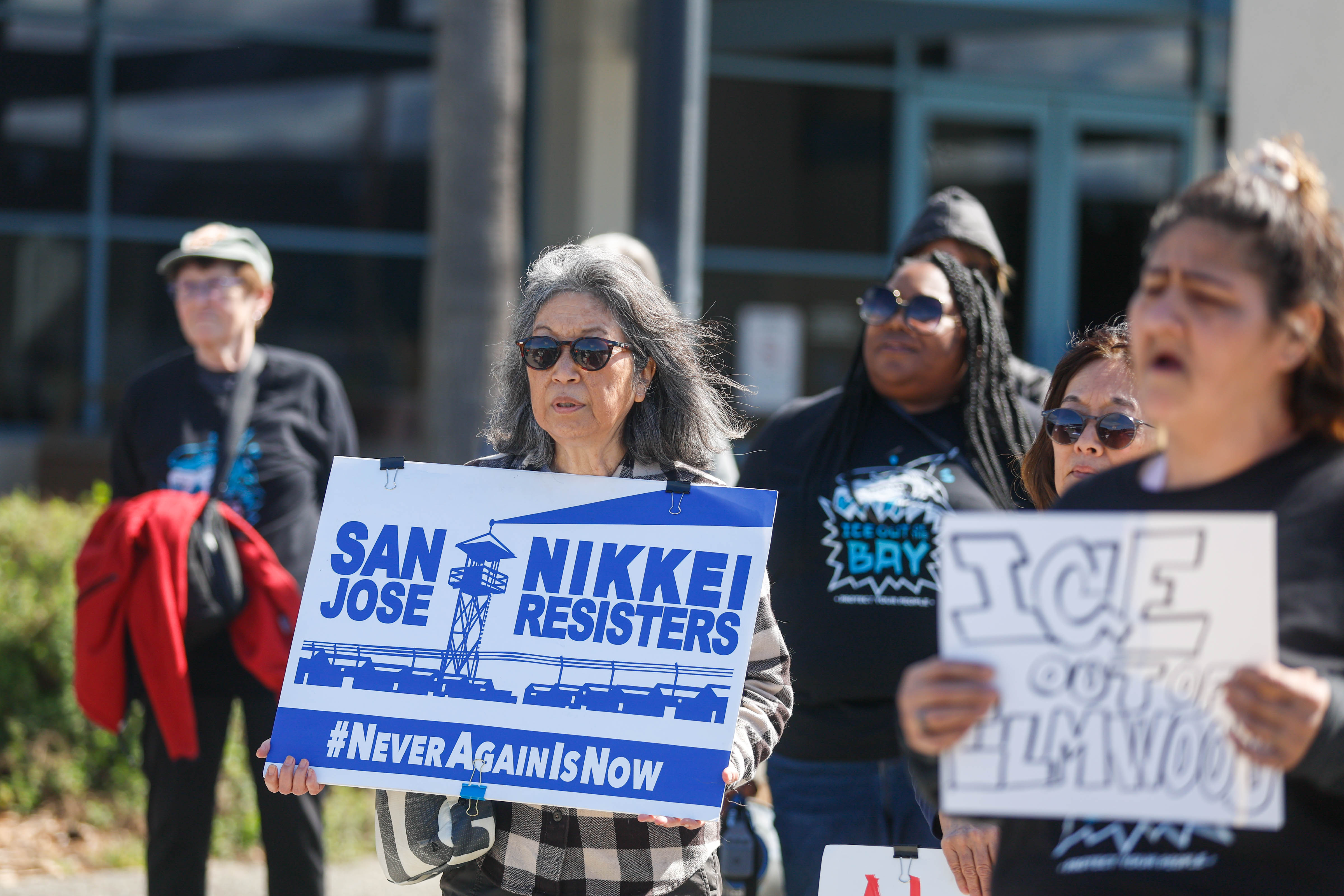 People gather to protest ICE at Elmwood Jail in Milpitas,...