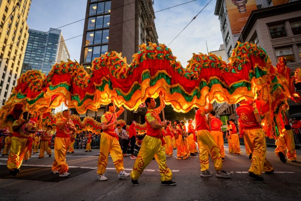 Participants perform a dragon dance during the Chinese New Year Parade, celebrating the Year of the Horse, in San Francisco, Calif., on Saturday, March 7, 2026. (Ray Chavez/Bay Area News Group)