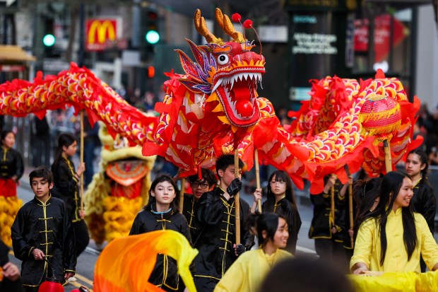 Participants perform a dragon dance during the Chinese New Year Parade, celebrating the Year of the Horse, in San Francisco, Calif., on Saturday, March 7, 2026. (Ray Chavez/Bay Area News Group)