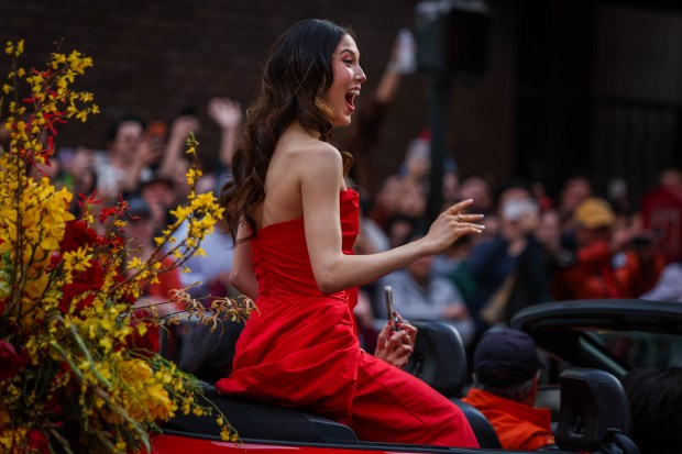 Olympic freestyle skiing gold medalist and San Francisco native Eileen Gu waves to the crowd as they celebrate the Year of the Horse during the Chinese New Year Parade in San Francisco, Calif., on Saturday, March 7, 2026. (Ray Chavez/Bay Area News Group)