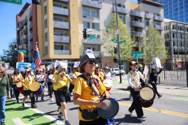 888 Taiko drums while marching during a No Kings protest in downtown San Jose, Calif., on Saturday, March 28, 2026. (Shae Hammond/Bay Area News Group)