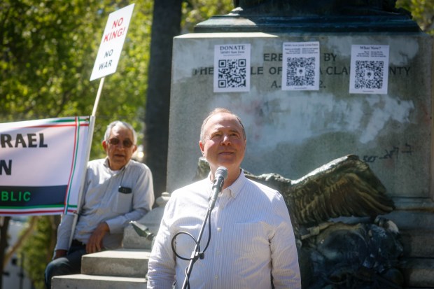 United States Senator Adam Schiff speaks during a No Kings protest in downtown San Jose, Calif., on Saturday, March 28, 2026. (Shae Hammond/Bay Area News Group)