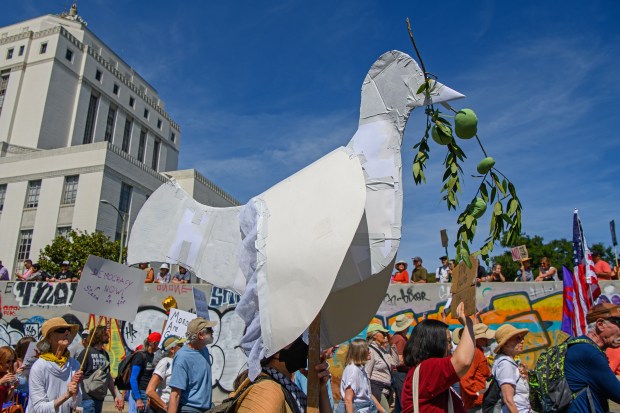 Protesters march during the No Kings Protest in Oakland, Calif., on Saturday, March 28, 2026. (Jose Carlos Fajardo/Bay Area News Group)
