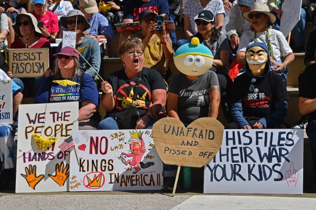 Protesters gather before the start of the No Kings Protest in Oakland, Calif., on Saturday, March 28, 2026. (Jose Carlos Fajardo/Bay Area News Group)