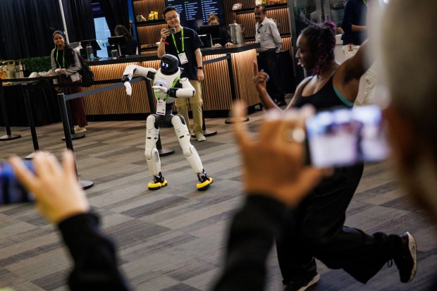 "Lumi," an AI robot by AgiBot, dances at the Nvidia GTC 2026 conference at the San Jose McEnery Convention Center in San Jose, Calif., on Thursday, March 19, 2026. (Dai Sugano/Bay Area News Group)