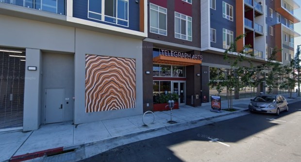 Telegraph Arts, a 98-unit apartment complex at 471 26th Street in the Uptown district of downtown Oakland, as seen in March 2025, entrance area.(Google Maps)