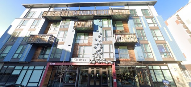 Entry area of The Moran, a 78-unit apartment complex at 570 21st Street in downtown Oakland's Uptown district, as seen in Feb. 2025.(Google Maps)
