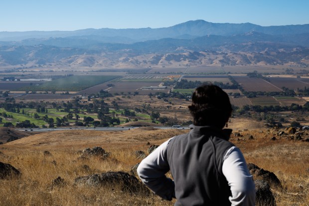 Andrea Mackenzie, general manager of the Santa Clara Valley Open Space Authority looks across Coyote Valley, an area of farmland and open space between San Jose and Morgan Hill, on Friday, Nov. 3, 2023. (Dai Sugano/Bay Area News Group)