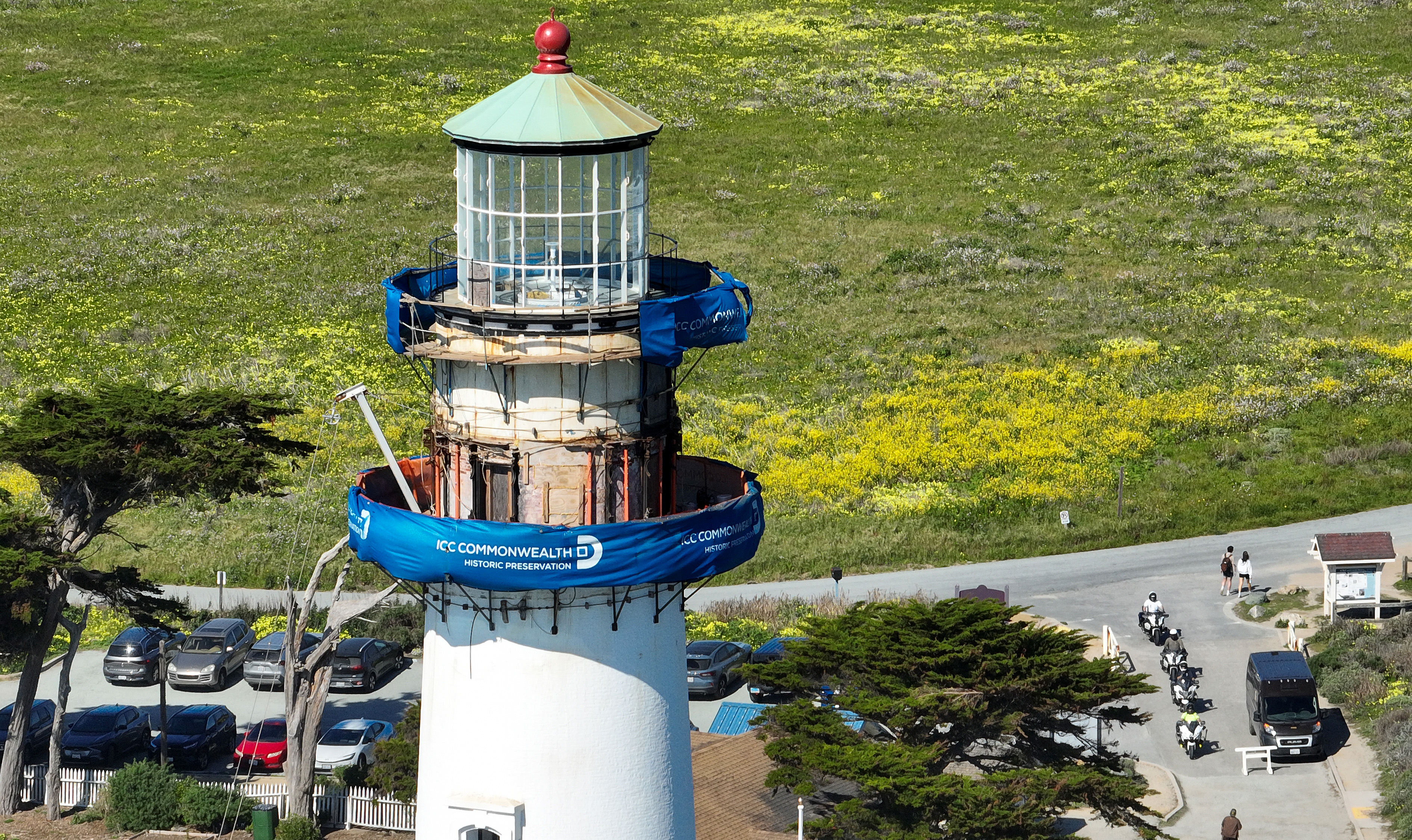 A drone view of the Pigeon Point Lighthouse in Pescadero,...