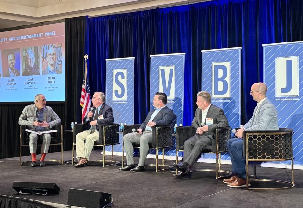 Silicon Valley Business Journal Editor in Chief Gary Boulanger, far left, moderates a panel about hospitality and entertainment during the "Future of Downtown" forum at the San Jose Marriott on Thursday, March 12, 2026. The panelists include, from left, Chris Shay, Sharks Sports and Entertainment senior vice president; San Jose Earthquakes President Jared Shawlee; Dave Mulvehill, president of Nuvo Hospitality Group: and Brian Kurtz, CEO of the San Jose Downtown Association. (Sal Pizarro/Bay Area News Group)
