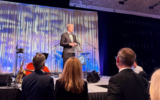 Bellarmine College Prep President Chris Meyercord speaks to the crowd at the 50th annual Golden Bell, a fundraiser for financial aid held at the San Jose school on Saturday, March 14, 2026. (Sal Pizarro/Bay Area News Group)