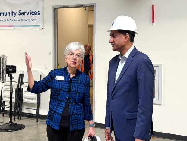 Sunnyvale Community Services Executive Director Marie Bernard, left, gives Rep. Ro Khanna a tour of the nonprofit's headquarters on Kern Avenue on Friday, March 20, 2026. (PRx Digital)