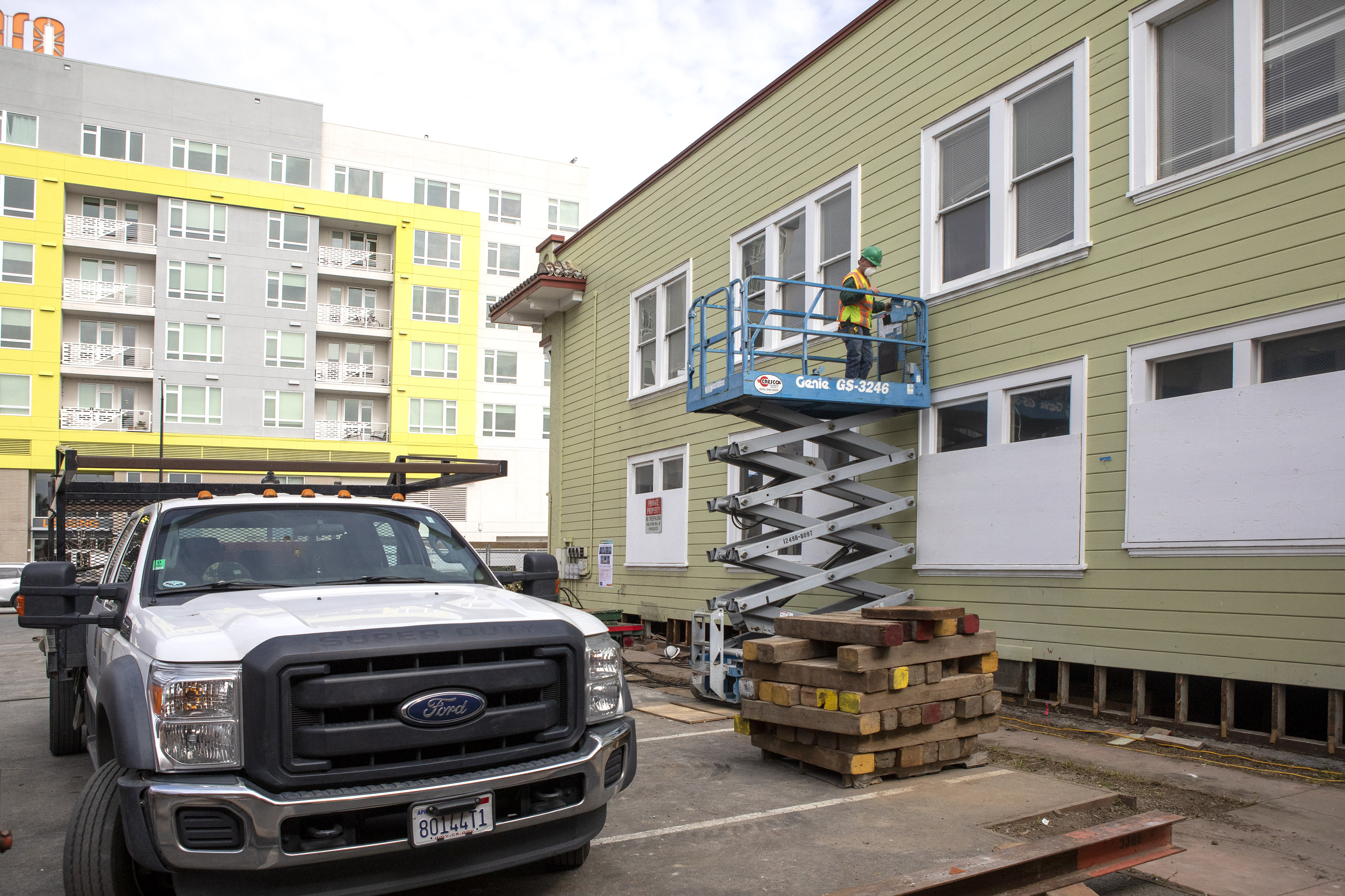 The 111-year-old Pallesen apartment building is prepared for relocation, Wednesday,...