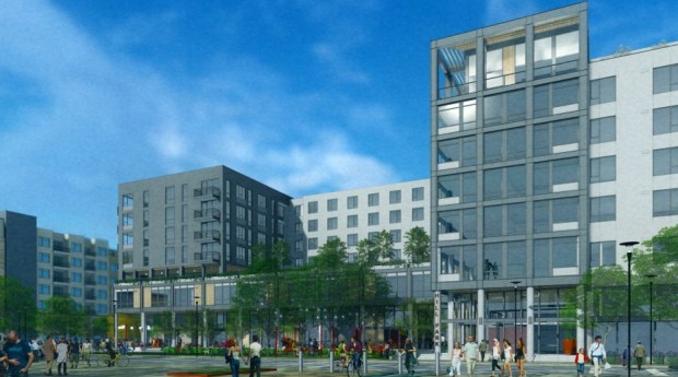 Street-level view of an apartment complex at 2263 and 2303 Calle Del Mundo in Santa Clara, concept. (BAR Architects)