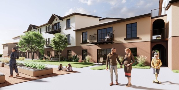 Community gardens area of a workforce housing development at 2050 Kammerer Avenue in east San Jose, concept(Steinberg Hart)