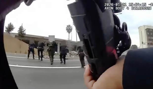 Frame from video of an officer's body cam footage as he and other officers approach the body of Muhamed Husien after he was shot multiple times by police near the intersection of Notre Dame Avenue and West Julian Street in San Jose on Jan. 21, 2026. (Courtesy of San Jose Police Department)