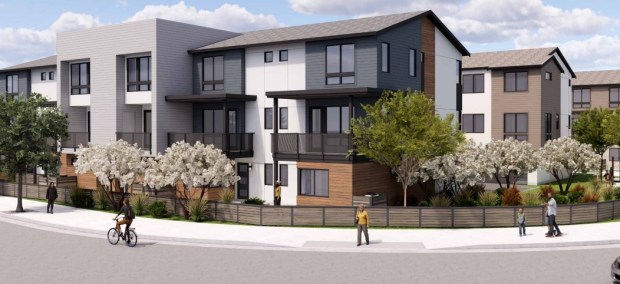 Street-level view of a condominium development at 1175 through 1199 Saratoga Avenue in southwest San Jose, concept.(Dahlin)