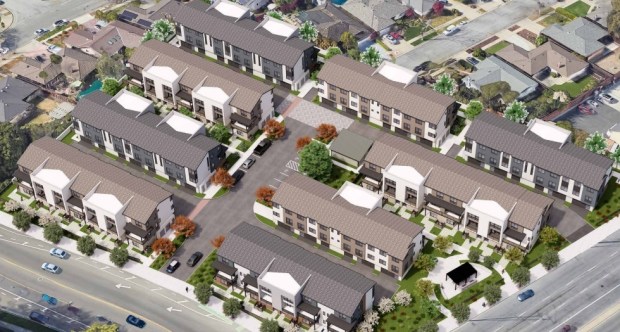 Bird's-eye view of a condominium development at 1175 through 1199 Saratoga Avenue in southwest San Jose, concept.(Dahlin)