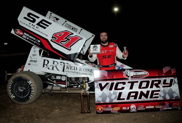 Dominic Scelzi celebrates his win in the Gold Star GMC 360 Sprint Cars main event at Watsonville Speedway on Friday. (Top Dawg Photos)