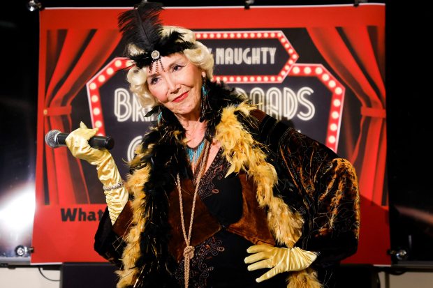 Ashley Gardner performs as the final act of the "Brassy Broads", a group of older women who formed a comedy troupe, at Coronado Historical Association on Thursday, Feb. 5, 2026 in Coronado, California. (Meg McLaughlin / The San Diego Union-Tribune)