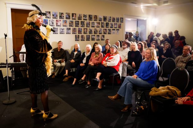 Ashley Gardner performs as the final act of the "Brassy Broads", a group of older women who formed a comedy troupe, at Coronado Historical Association on Thursday, Feb. 5, 2026 in Coronado, California. (Meg McLaughlin / The San Diego Union-Tribune)