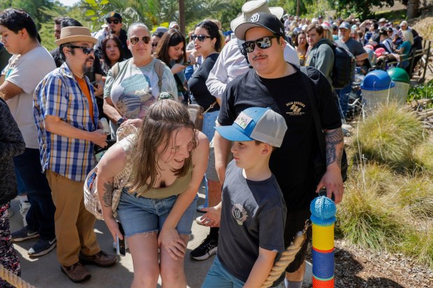 March 3, 2026_San Diego_A long line forms shortly before noon to enter the San Diego Zoo Safari's Park's new Elephant Valley attraction at its noon opening. At front are Oceanside residents Amber McKinney and her husband Chris Guzman with son Donovan, 7, who are eager to see the new attraction. CHARLIE NEUMAN / FOR THE U-T
