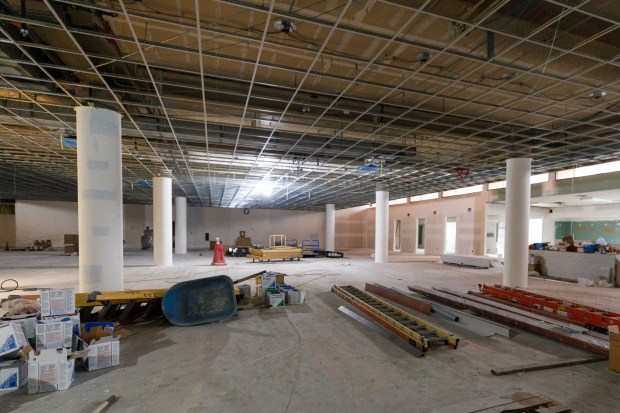 San Diego, California - February 19: The customer service desk seen under construction at the Escondido Public Library on Thursday, February 19, 2026. The library is expected to finish construction and reopen in May 2026. (Kristian Carreon / The San Diego Union-Tribune)