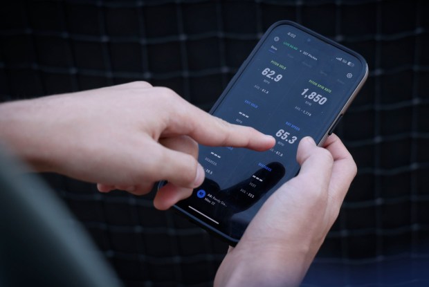 Batting stats are displayed on a cell phone APP fed from a Full Swing device on Monday, February 23, 2026 at Mission Hills H.S. in San Marcos. The device records sevral batting statistics that are a boon to player improvement and a boon to recruiters. (Sandy Huffaker / For The San Diego Union-Tribune)