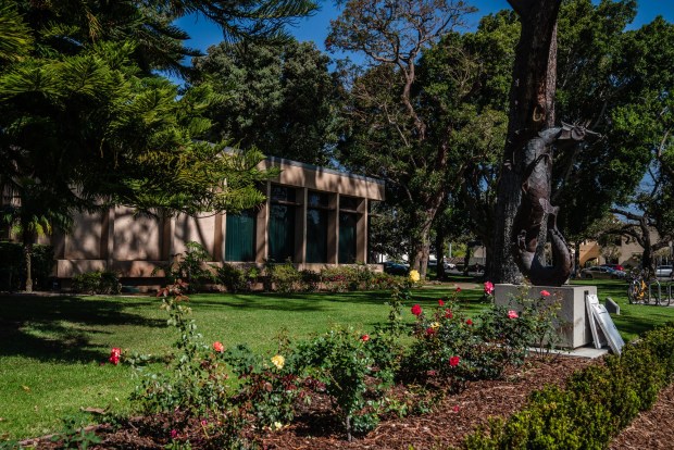 The Coronado Library, with the Imagine the Sea Dragon stature on the right side on March 27, 2026 in Coronado. Ariana Drehsler / For The San Diego Union-Tribune)