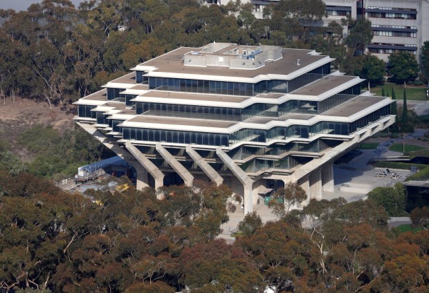 In an aerial photo, the Geisel Library at UC San Diego is seen on Oct. 7, 2025 in San Diego. (K.C. Alfred / The San Diego Union-Tribune)