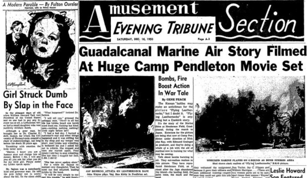 An article in the Dec. 16, 1950, edition of the Evening Tribune about the filming of "Flying Leathernecks." (Union-Tribune Archive)