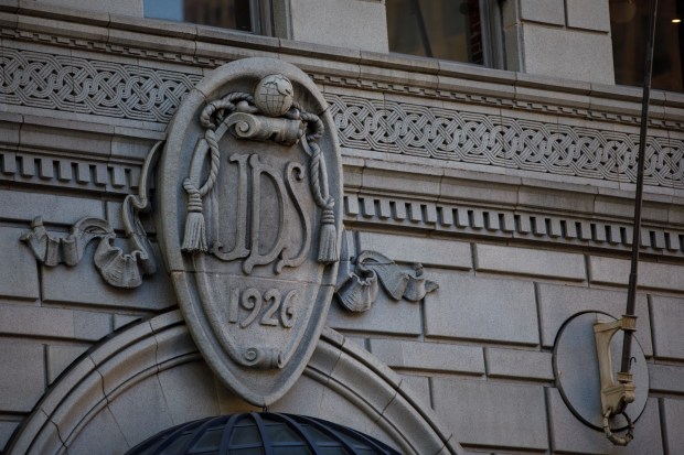 An architectural design is displayed above the John D. Spreckels building entrance in downtown San Diego on Wednesday, March 18, 2026. The Mills Act, enacted in 1972, allows historic property owners to receive tax relief by maintaining and restoring the property. (Kristian Carreon / The San Diego Union-Tribune)