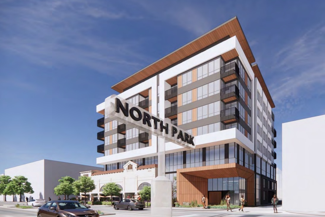 A rendering of a seven-story, 92-unit apartment complex proposed for...