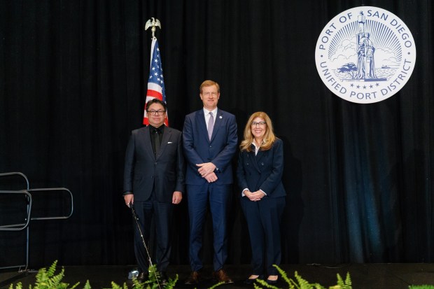 Michael Zucchet, pictured center, is vice chair of the Board of Port Commissioners for the San Diego Unified Port District. He is pictured alongside Chair Ann Moore and Secretary GilAnthony Ungab at the agency's swearing-in ceremony on Jan. 14, 2026. (Port of San Diego)