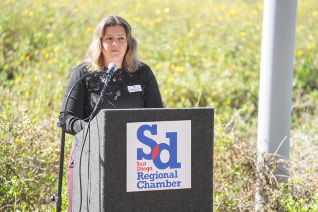 Courtney Baltiyskyy, Vice President of Public Policy and Advocacy, YMCA of San Diego County & Facilitator, speaks during a press conference at Tijuana River National Estuarine Research Reserve on Wednesday, March 11, 2026 in Imperial Beach, CA. (Michael Ho / For The San Diego Union-Tribune)