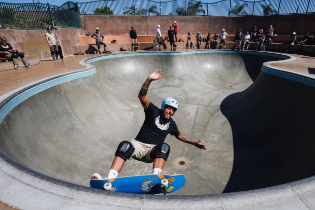 Doug Marker, 64, founder of Deathracer413, skates the pool at Poods Skatepark in Encinitas on Saturday, March 7 2026. (Kristian Carreon / The San Diego Union-Tribune)