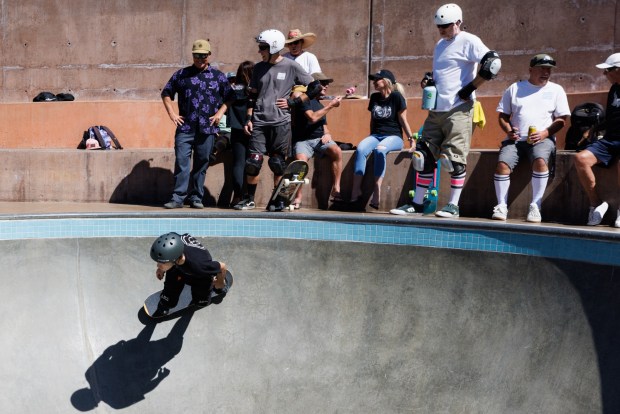Nate Vernia, 23, skates the pool at Poods Skatepark in Encinitas on Saturday, March 7, 2026. Vernia has been skating since he was 6. (Kristian Carreon / The San Diego Union-Tribune)