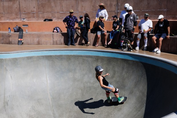 Hilary Kaehler, 47, skates the pool at Poods Skatepark in Encinitas on Saturday, March 7, 2026. Kaehler has been skating since her early 20s. (Kristian Carreon / The San Diego Union-Tribune)
