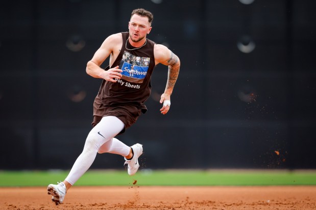 Jackson Merrill runs the bases during spring training workouts at the Peoria Sports Complex. (Meg McLaughlin / The San Diego Union-Tribune)