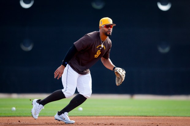 Xander Bogaerts #2 of the San Diego Padres participates in drills during spring training workouts at the Peoria Sports Complex on Sunday, Feb. 15, 2026 in Peoria, Ariz.(Meg McLaughlin / The San Diego Union-Tribune)