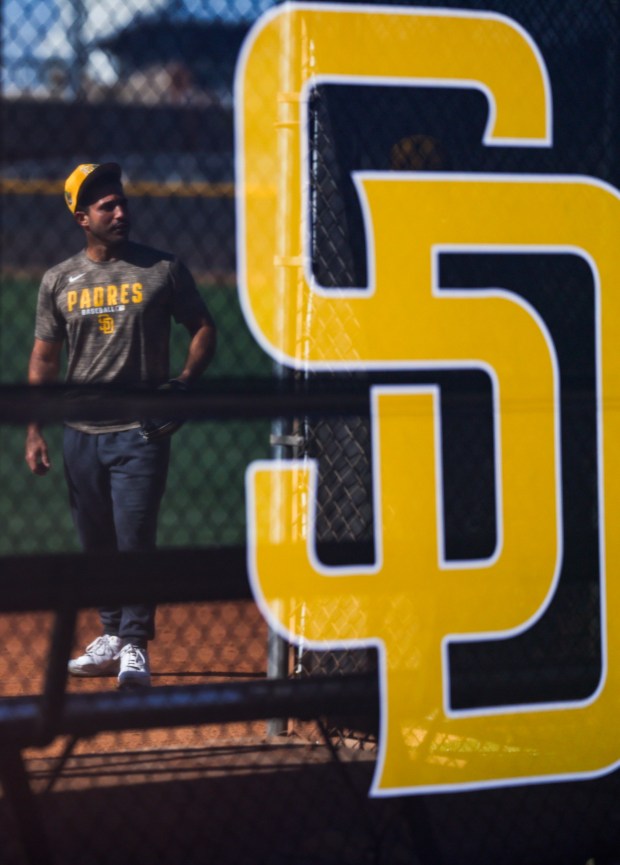 Ramon Laureano #5 of the San Diego Padres looks on during spring training workouts at the Peoria Sports Complex on Thursday, Feb. 12, 2026 in Peoria, Ariz.(Meg McLaughlin / The San Diego Union-Tribune)