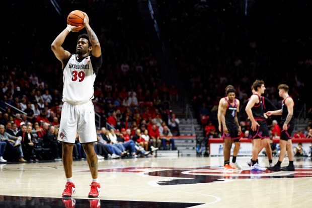 Reese Dixon-Waters #39 of San Diego State shoots free throws after Leon Rice of Boise State was issued a technical foul during their game at Viejas Arena on Saturday, Jan. 3, 2026 in San Diego, California. (Meg McLaughlin / The San Diego Union-Tribune)