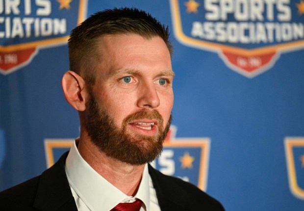 Breitbard Hall of Fame inductee Stephen Strasburg speaks at the 78th annual Salute to the Champions dinner Jan. 12, 2026 in San Diego, Calif. (Photo by Denis Poroy)