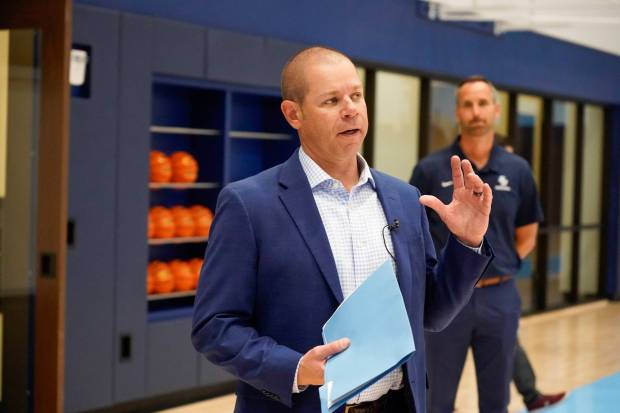 USD athletic director Kimya Massey gives a tour of the University of San Diego's new basketball facilities last April. (Alejandro Tamayo / The San Diego Union-Tribune)