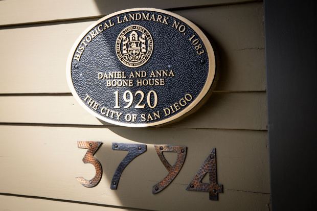 A plaque at the front of Paul Spears' home designating it as historic on Tuesday, March 17, 2026, in San Diego. (Meg McLaughlin / The San Diego Union-Tribune)