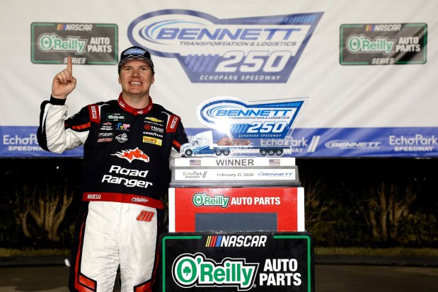 HAMPTON, GEORGIA - FEBRUARY 21: Sheldon Creed, driver of the #00 Road Ranger Chevrolet, celebrates in victory lane after winning the NASCAR O'Reilly Auto Parts Series Bennett Transportation & Logistics 250 at Echo Park Speedway on February 21, 2026 in Hampton, Georgia. (Photo by Sean Gardner/Getty Images)