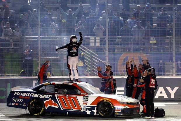 HAMPTON, GEORGIA - FEBRUARY 21: Sheldon Creed, driver of the #00 Road Ranger Chevrolet, celebrates after winning the NASCAR O'Reilly Auto Parts Series Bennett Transportation & Logistics 250 at Echo Park Speedway on February 21, 2026 in Hampton, Georgia. (Photo by Sean Gardner/Getty Images)