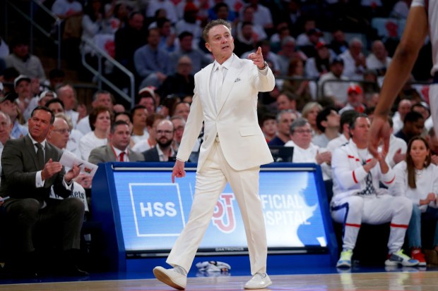 St. John's coach Rick Pitino walks by the bench during the first half of an NCAA college basketball game against Villanova, Saturday, Feb. 28, 2026, in New York. (AP Photo/John Munson)