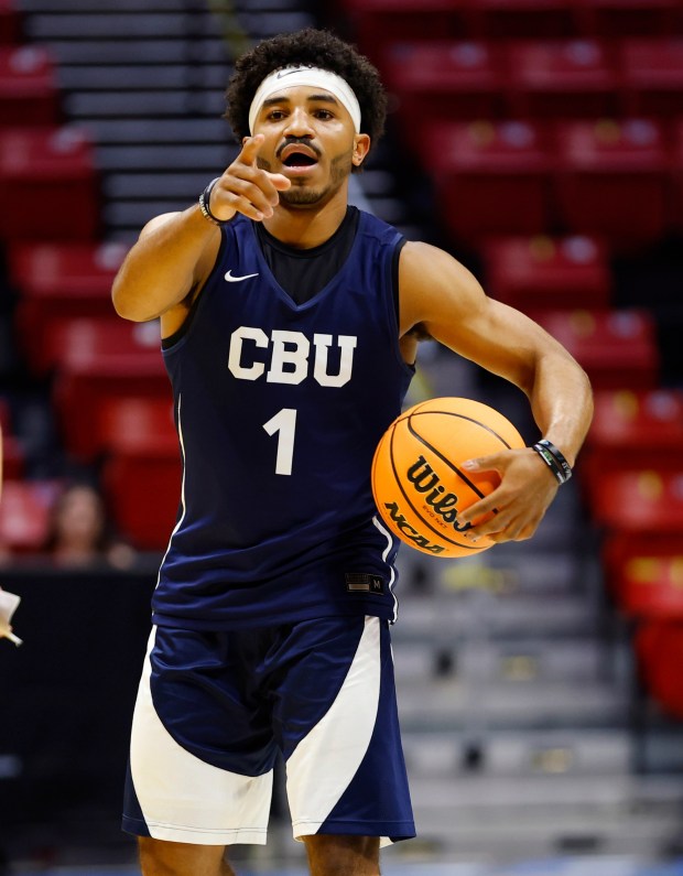 Cal Baptist guard Dominique Daniels Jr. works out during an open practice at Viejas Arena on Thursday ahead of the Lancer's NCAA Tournament game against Kansas. (K.C. Alfred / The San Diego Union-Tribune)