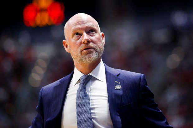 Kevin Willard of Villanova looks on during the first round of the 2026 NCAA Men's Basketball Tournament game against Utah State at Viejas Arena on Friday, March 20, 2026 in San Diego, California. (Meg McLaughlin / The San Diego Union-Tribune)
